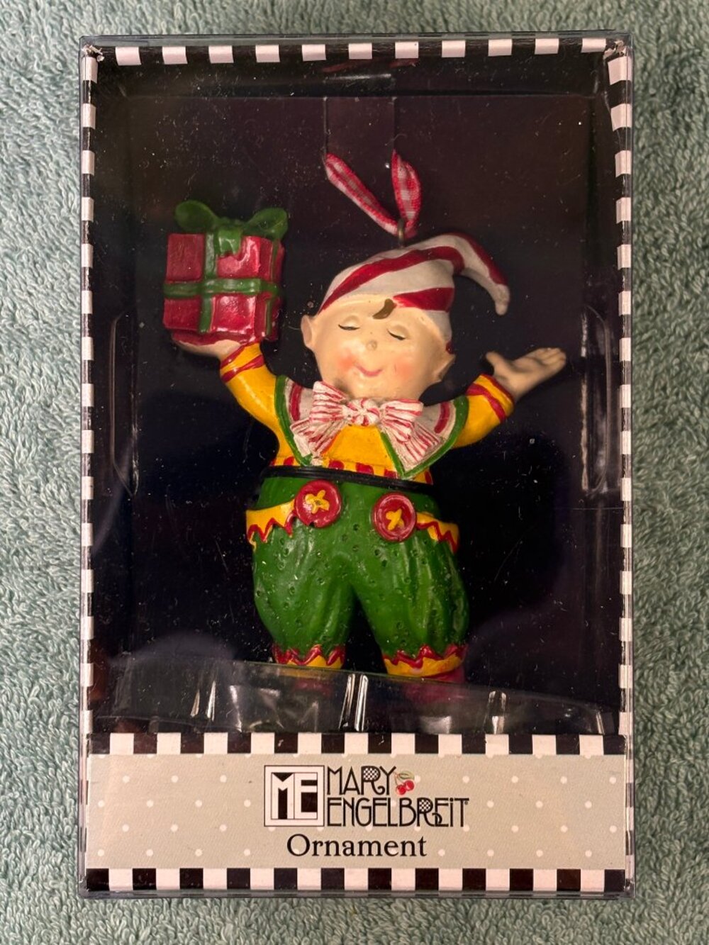Vintage Mary Engelbreit Elf Ornament Holding Present w/ Original Box